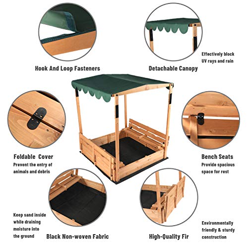 Lynslim Wooden Covered Sandboxes For Kids Outdoor - 47"X47" Large Sandbox With Adjustable Height Canopy And 2 Foldable Bench Seats For Backyard Home Garden Beach (Brown) #TOP2