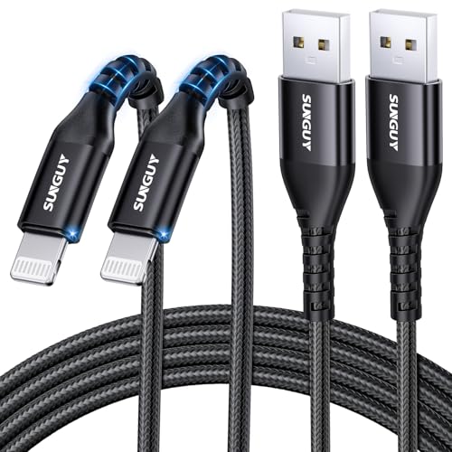 SUNGUY iPhone 充電ケーブル 2M 2本セット ライトニングケーブル MFi認証済み ナイロン高耐久 断線防止 Lightning ケーブル 2.4A急速充電 アイフォン充電 データ転送同期 Carplay対応 充電器 コード iPhone 14 13 12 XS XR iPhone 8 7 6 SEなどに対応 2m ブラックの商品画像（Amazon）