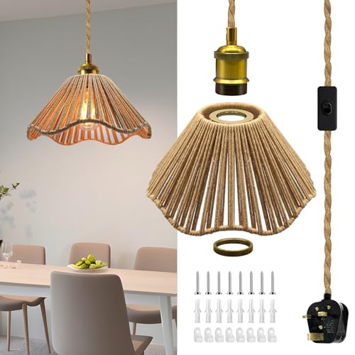 Rustic Plug in Pendant Lighting,Retro Hemp Rope Hanging Lamp with lampshade, 200in Suspended Pendant Light with Brass E27 Lamp Holder,Industrial Plug in Ceiling Light Fixture with Hook Screw,for Home