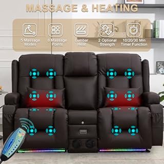 URRED Power Loveseat Recliner Sofa with Massage and Heat, Wall Hugger Reclining Loveseat with Console, RV Couch Home Theater Seating with LED Lights for Living Room (Dark Brown, 67" - 2 Seats)