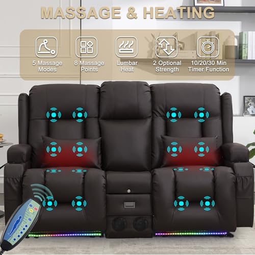Image of URRED Power Loveseat Recliner Sofa with Massage and Heat, Wall Hugger Reclining Loveseat with Console, RV Couch Home Theater Seating with LED Lights for Living Room (Dark Brown, 67 inch - 2 Seats)