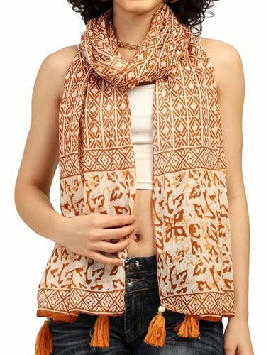 Image of KE KANHA EXPORTS Scarf for Women Premium Cotton Boho | Dual Tone Border Print Stole with Tassels | Lightweight Summer Beach Wrap 180 x 50 cm FREE Scrunchie Included