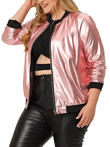 Agnes Orinda Women's Plus Size Metallic Jackets Sparkle Holographic Shiny Zip-Up with Pockets Bomber Jacket 20242
