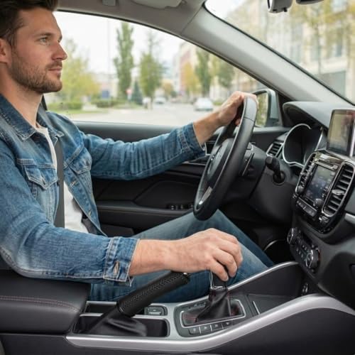 Image of STHIRA Leather Sleeve for Car Handle Brake Anti-slip Parking Brake Wrap Cover Anti-scratch Lever Grip Black Finish Universal Fit 14.5x3.5cm Handbrake Cover