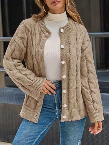 Saodimallsu Womens Cable Knit Cardigan Sweaters Long Sleeve Button Down Crewneck Casual Loose Fall Sweater Coats2