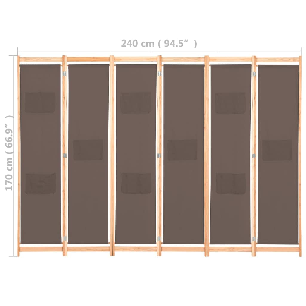 vidaXL Cloison de séparation 6 Panneaux Marron 240 x 170 x 4 cm Tissu