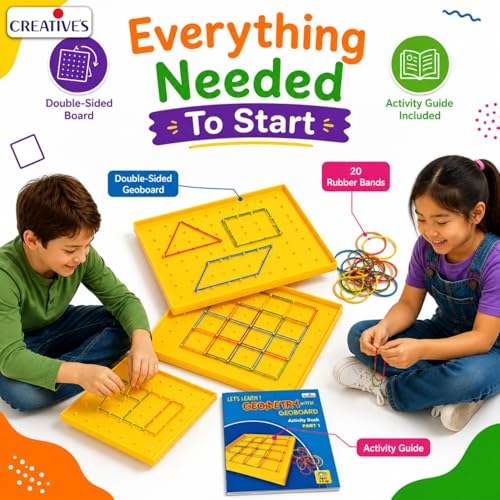 Image of Creative's Educational Geometry with Geoboard |Games and Activity Guide | Easy & Fun Way of Learning Geometry Shape | for Kids Ages -6 Years and Up (20 Rubber Bands)