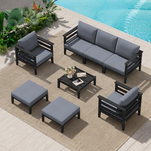 Image of SERWALL HDPE Patio Furniture Set, 8 Pieces Composite Outdoor Furniture | All-Weather Wood-Like Outdoor Sofa Couch with Coffee Table, Modular Design for Flexible Combination