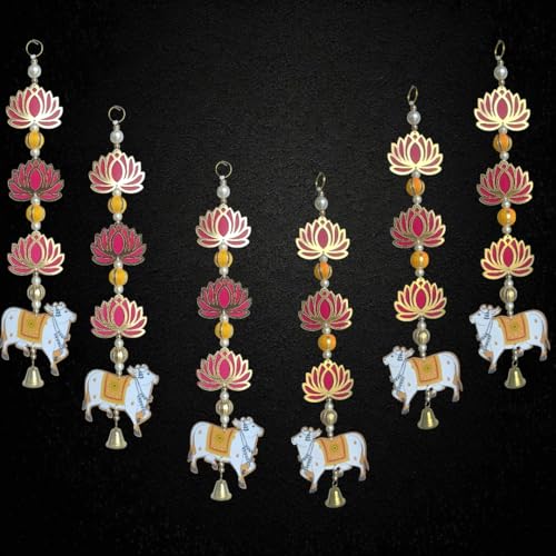 Image of Temple Decoration Item| Backdrop for Pooja Decor| Diwali Decoration Item| Hanging for Home Decoration| Wall Hanging Temple| Lotus Hanging for Home Decor| Ganpati Decor| (6, Lotus & Cow)