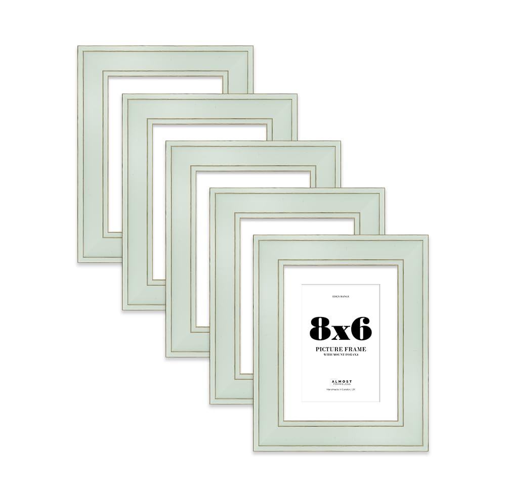 8x6" Sage Green Picture Frame with 6x4" Mount - Shabby Chic Photo Frame with Distressed Finish, Gold Trim, Wall Hooks and Kickstand, 37mm Edge - 5 Pack