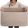 OIAHOMY 75L Large Woven Cotton Rope Storage Basket with Handle for Organizing Blanket and Toys for Living Room, Nursery, Brown Variegated 22”x17”x12”