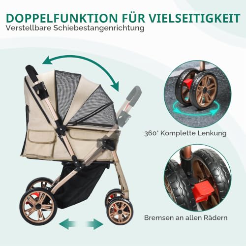YITAHOME Hundebuggy Hundewagen klappbar für Hunde & Katzen, Haustierbuggy bis 22 kg mit umkehrbarem Griff, Netzfenstern, Getränkehalter, 360° drehbare EVA-Räder mit Bremsen (Beige)