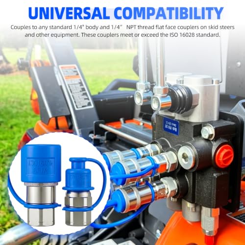 Image of 1 /4'' NPT Flat Face Hydraulic Quick Connect Couplers /Couplings Set w /Dust Caps ISO 16028 Standard, Skid Steer Bobcat 1 /4 Body Quick Disconnect 2Set