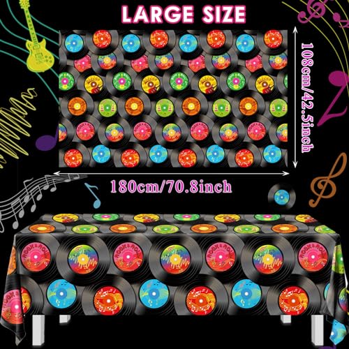Image of 3Pcs Rock and Roll Tablecloth, 1950's Rock and Roll Music Party Decorations Plastic Rectangular Record Table Covers for 50's Theme Rock Music Birthday DJ Party Supplies