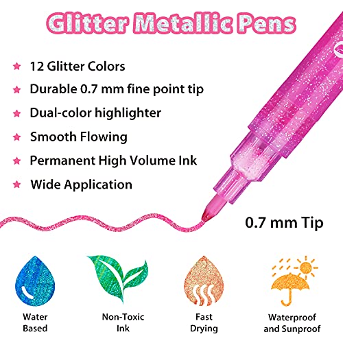 Ohuhu Y30-80600-32 Glitter Markers Pen 12 Glitter Colors Metallic Shimmer Marker Fine Point Tip Water-Based Ink thumb #2