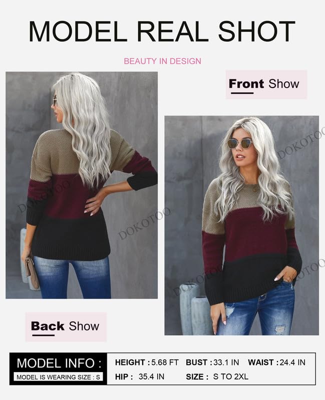Image of Dokotoo Womens Color Block Sweaters Long Sleeve Pullover Knit Tops | Winter,Cable Knit,Casual,Loose,Striped,Soft,Warm