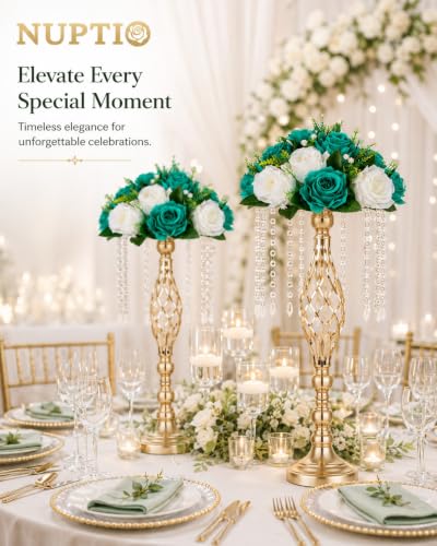 Image of NUPTIO Flower Wedding Centrepieces for Tables - 10 Pcs 9.5in Diameter Teal & White Artificial Flowers Rose Ball for Centerpieces Table - Fake Rose Arrangements for Weddings Birthday Party Decorations