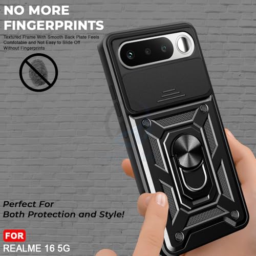 Image of AESTMO Tough Armor Realme 16 5G Bumper Back Case Cover | Ring Holder & Sliding Camera Shield Cover | 360 Degree Protection Back Case Cover for Realme 16 5G (Black)