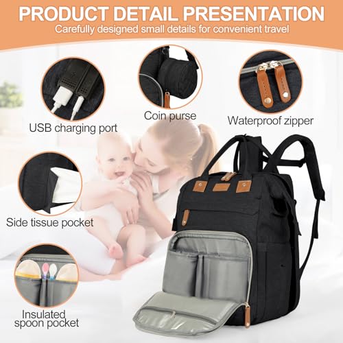 XTGVZ large diaper bag backpack，baby bag with changing station for Boys Girls，Multifunctional Diaper Bag，Mommy Bag With USB Charging Port（Black） - Thumbnail 4