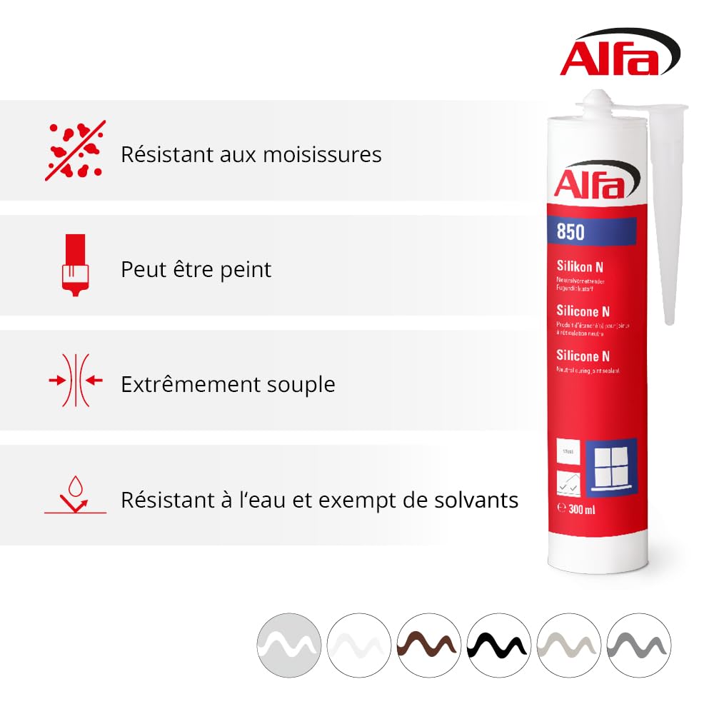 Alfa Silicone N noir – Salle de bain – toiture fenêtre – 12 pièces | Mastic scellant neutre pour joints de fenêtre, porte et vitrage, intérieur et extérieur, résistant UV et intempéries