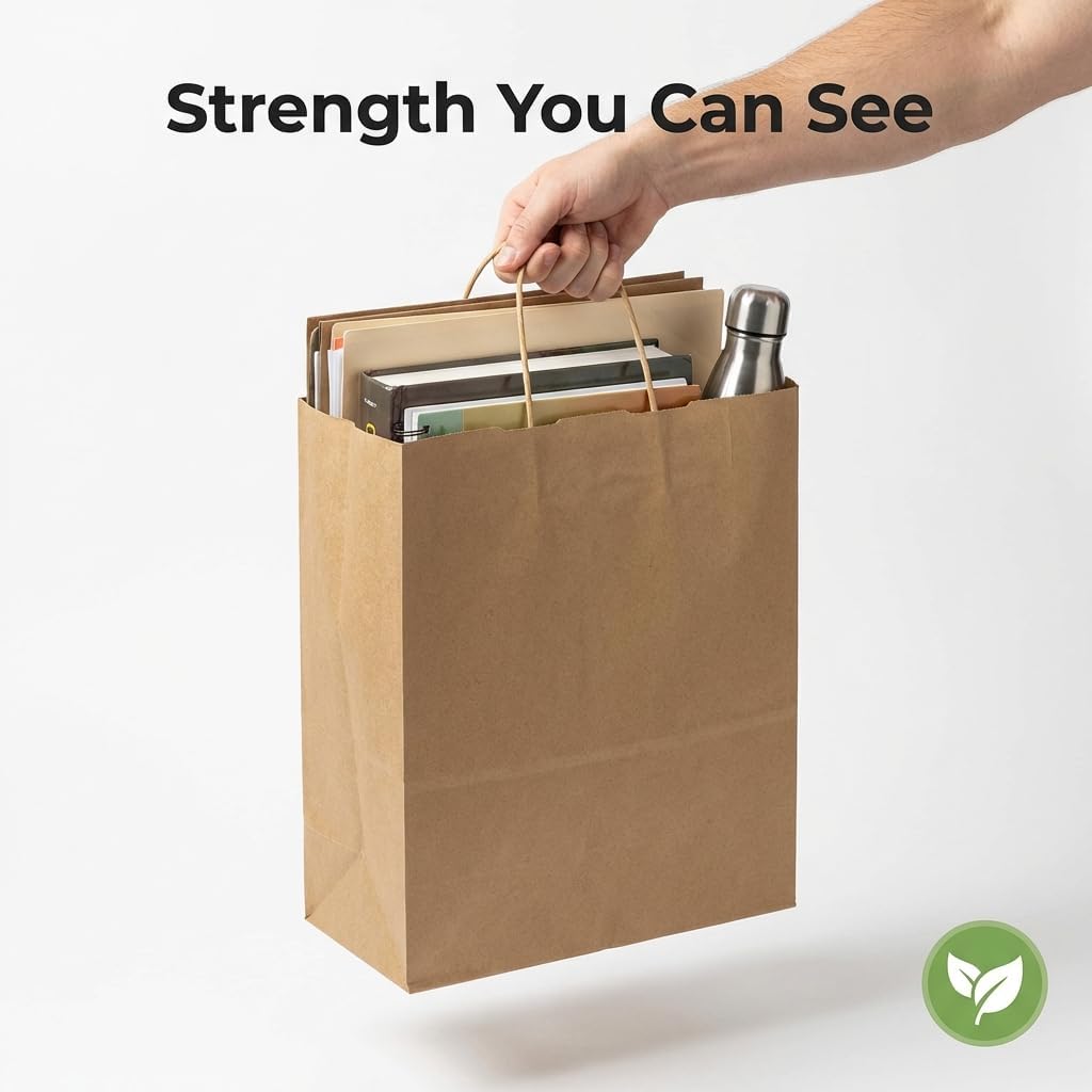 10x5x13 Paper Bags with Handles - Pack of 100, Kraft Paper Bags Ideal for Retail, Merchandise, Shopping, Wedding, Business, Retail, Craft, Gifts & More - Durable, 100% Recyclable Brown Quality Bags - Image 8