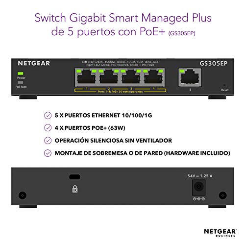 Netgear-GS305EP-Switch-de-red-conmutador-Gigabit-Ethernet-gestionable-Poe-Smart-Managed-Plus-de-5-puertos-sin-ventilador-y-carcasa-metalica