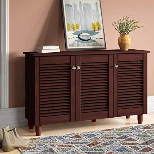 Timber Art Design UK Shoe Storage Cabinet 3 Doors & 3 Shelves Footwear Organizer Modern Stand Rack Unit Cupboard for Living Room, Hallway, Dark Wenge - H 67.5 x W 114 x D 33.6 cm