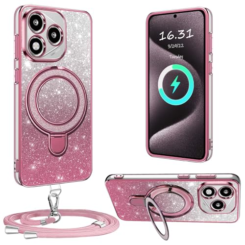 XCYYOO HandyHülle für Honor 400 Lite Hülle mit Band [Mit Abnehmbarem Handykette] Transparente Silikon Stoßfest Schutzhülle Ring Ständer Case mit Kette für Honor 400 Lite -Pink