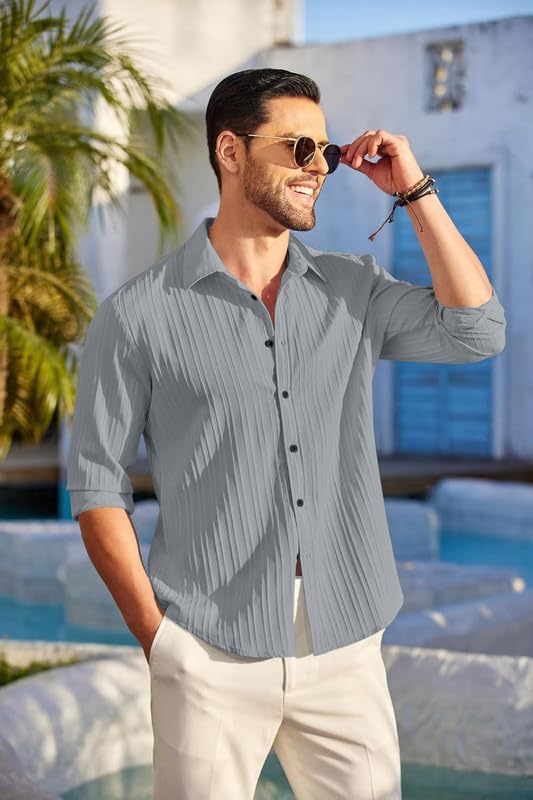 Image of FINIVO FASHION Men's Casual Cotton Blend Plain Button Down Shirt Long Sleeve Textured Summer Beach Shirt for Men