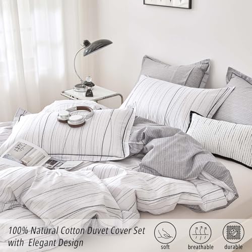 ALEISSEL Modern Urban 100% Natural Cotton Duvet Cover Sets 3Pcs - Gray Artistic Lines Pattern on White with Textured Light-Gray Reverse, Minimalist Bedding Set with Button Closure(King,104"×90" — view 2