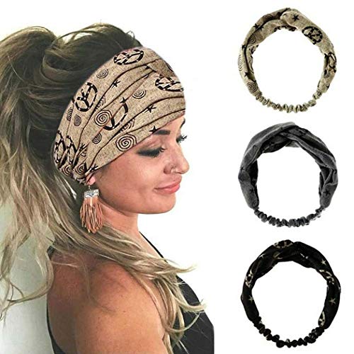 Gortin Boho Headbands Black Yoga Head Bands Turban Stretch Criss Cross Elastic Hair Bands Sweat Scarfs Head Wraps for Women 3Pcs