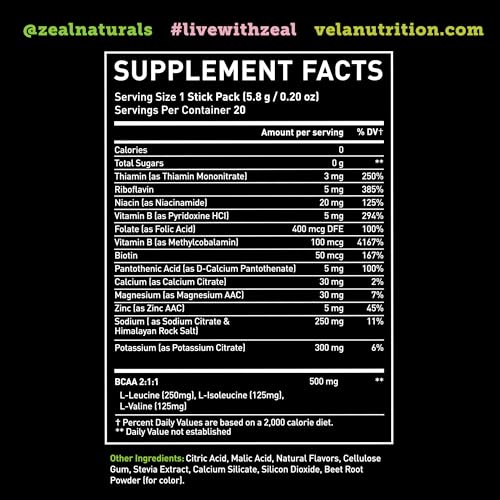 Image of Enhanced Electrolyte Powder Stick Packs (Strawberry Kiwi | 20 Packets) w / 0 Sugar +BCAAs +B-Vitamins Electrolyte Supplement w Potassium Zinc & Magnesium for Hydration - Keto Electrolytes