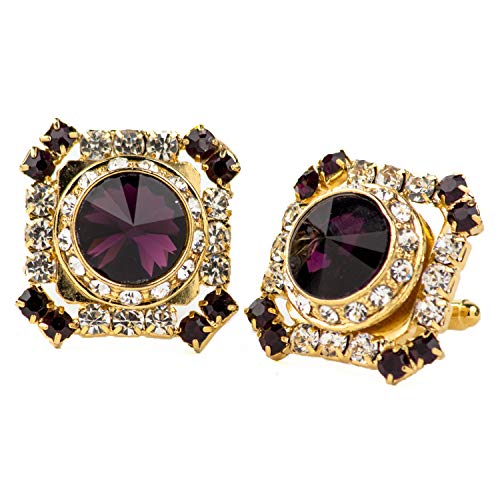 Vittorio Vico Colored Crystal Set in Dual Clear Crystal Studs Square Cufflinks for Men - Unique Mens Jewelry - Best Gift for Him, Dad, Uncle, Bestfriend, Groom (Gold Metal, Plum Crystal)