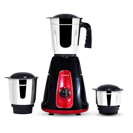 Wonderchef Platinum 550W Mixer Grinder | 3 leak-proof stainless steel Jars with secure lids | Powerful 550W motor | 3-Speed & Pulse Function | Anti Skid Feets | 5 years warranty on motor | Black & Red