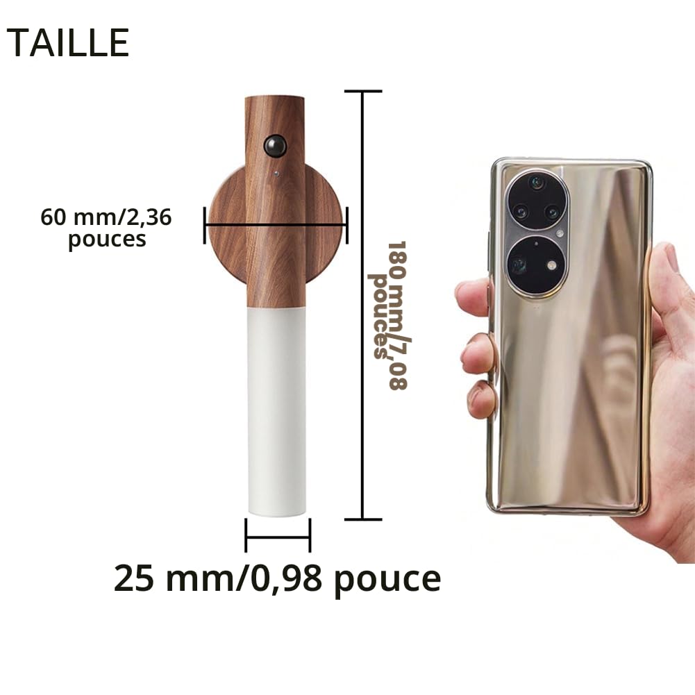 LANDGOO Veilleuse à détecteur de mouvement magnétique pour couloir, éclairage LED rechargeable, applique murale en bois alimentée par piles (bois de noyer) | Lampe murale LED rechargeable sans fil à piles