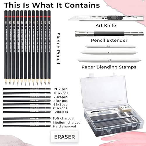 Image of Sketch Pencil Set, Drawing Pencil Set and Shading Pencil Set for Artists, Perfect Sketching Kit of Charcol Pencil and Shading Art with Carry Box (39 Pieces)