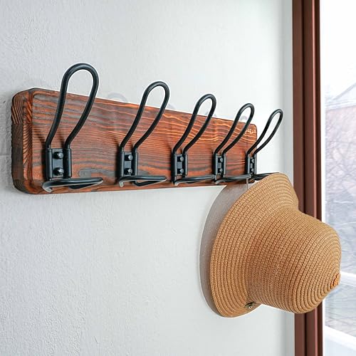 2-Pack Dseap Rustic Farmhouse Wall-Mounted Real Wood Coat Rack w/ 5 Wire Hooks - image 2