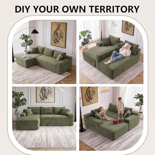 Image of 94.5 inch L Shaped Boneless Sectional Corduroy Couches for Living Room (Green)