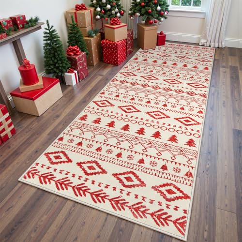 Lahome Christmas Snowflake Red Runner Rug,2x6 Kitchen Runner Rug Washable Entryway Rug Non-Slip Rustic Moroccan Soft Bathroom Mat Boho Hallway Carpet Runner 6ft Bedroom Kitchen Christmas Red