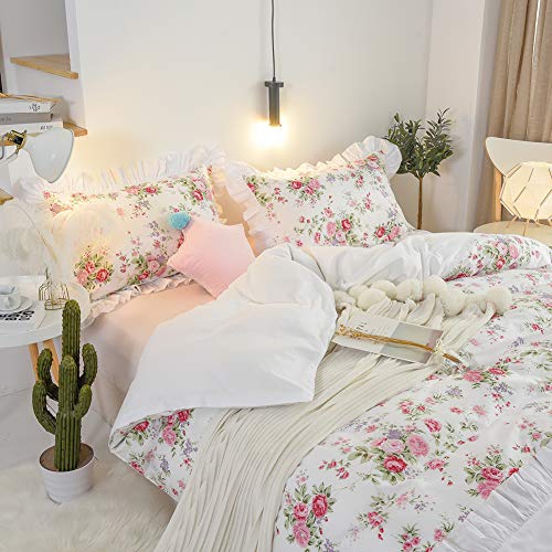 Fadfay Shabby Floral Duvet Cover Set 100% Cotton Chic Bulgaria Rose Farmhouse Bedding Pink And White Reversible Ed Cover Super Soft 600 Tc Girls Zipper 3 Pcs, Full Size #TOP18