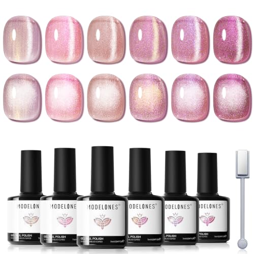 Image of Modelones Cat Eye Gel Nail Polish Set, 6 Colors Summer Neutral Nude Pink Pearlescent Glassy 9D Cateye Glitter Gel Polish kit All Skin Tones with Magnet Soak Off LED Nail Art Starter Kit DIY Salon Gift