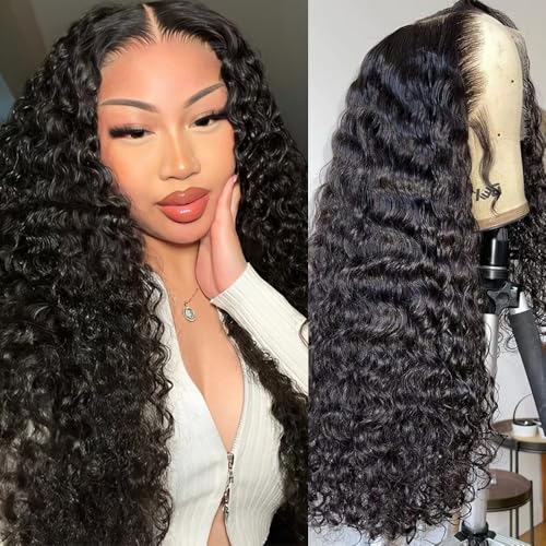 YIJUNDEMA Deep Wave Lace Front Wigs Human Hair 13x6 Deep Wave Wig Human Hair Pre Plucked 200% Density 28 Inch HD Transparent Lace Front Wigs for Black Women with Baby Hair