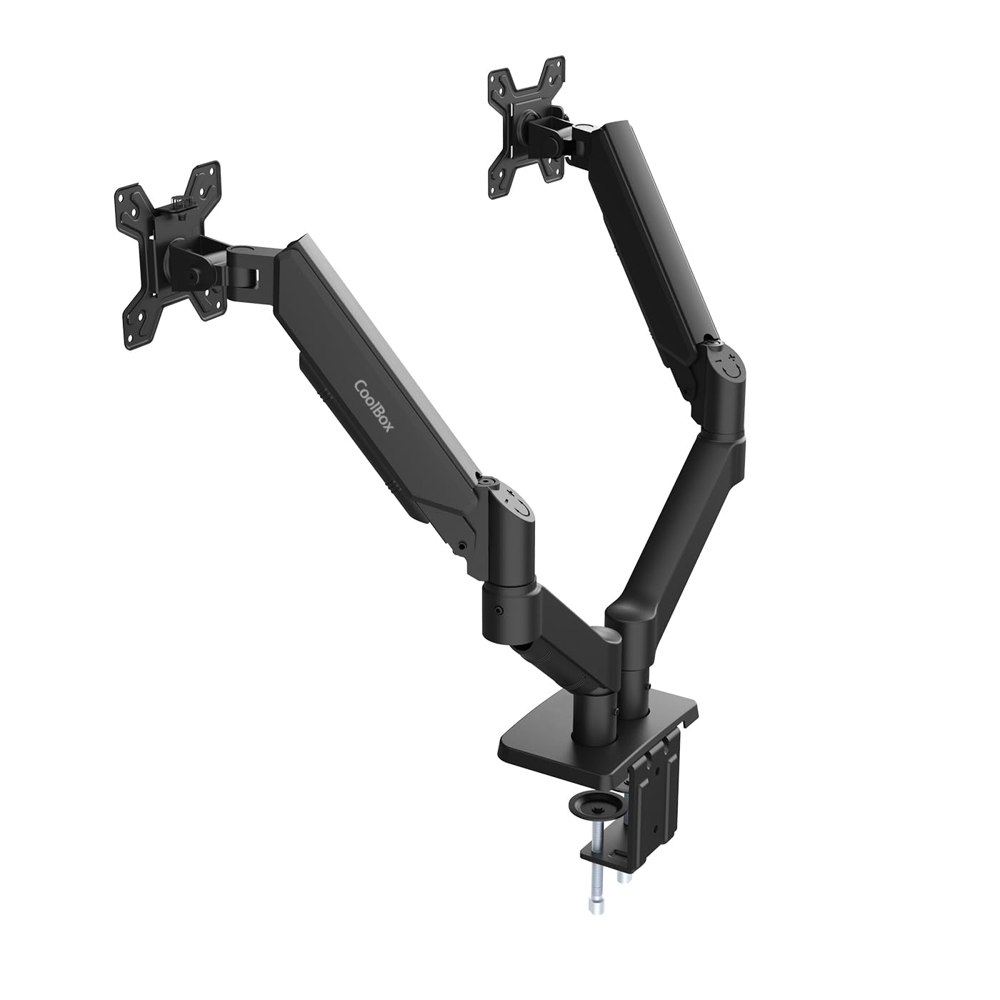 CoolBox M02D - Brazo Monitor Doble para Pantallas hasta 32", hasta 8Kg en Cada Brazo, Altura, Inclinación y Giro Ajustables, Rotación Monitor Vertical, VESA 75x75/100x100, Negro