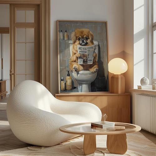 Image of Pekingese on Toilet Wood Framed Wall Art Print Poster, Dog Bathroom Humor Decor Posters Prints for Restroom Home Picture Painting Artwork Gallery 7 (Pekingese, 10 inchL x 8 inchW, Wood Frame)