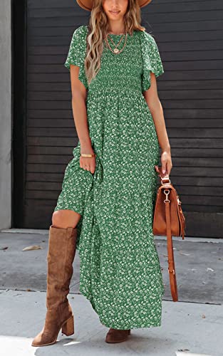 Image of PRETTYGARDEN Women's 2026 Summer Casual Flutter Short Sleeve Boho Floral Maxi Dress Crew Neck Smocked Tiered Long Dresses