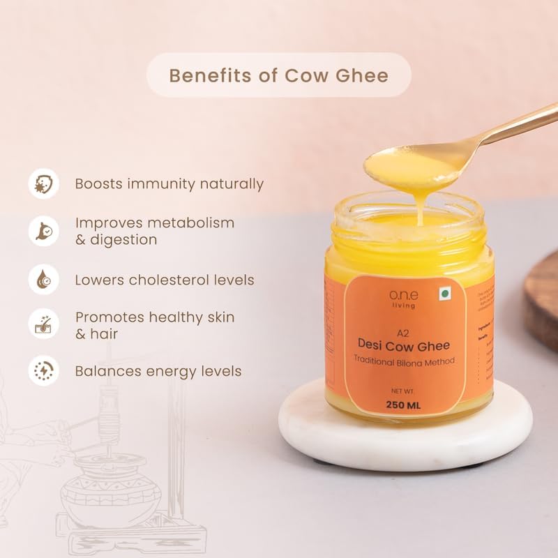 Image of A2 Desi Cow Ghee 250ml, Traditional Bilona Method Ghee, Pure Natural, Healthy, Organic Desi Ghee, Perfect for Cooking, Glass Jar, 250ml