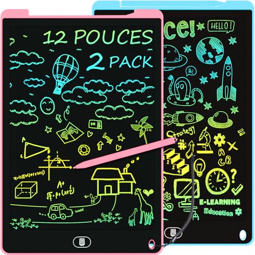 2 Pack Tablette Dessin Enfants 12 Pouces, Electight Tablette d'écriture LCD Colorée, Tablettes Graphiques avec Bouton D'effacement &Verrouillage, Jouets pour...
