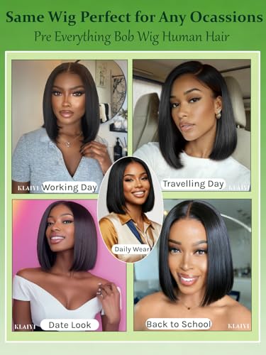 Image of KLAIYI Bye Bye Slip Bob Wig Human Hair Glueless Precut 7x5 HD Lace Front Wigs Drawstring Sleek Straight Pre Plucked Bleached Knots Pre Everything 30S Ready to Wear and Go Wig Beginner Friendly 14Inch
