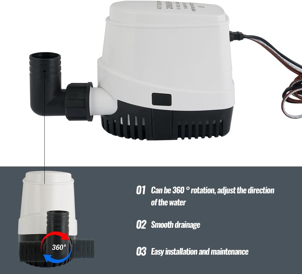 Automatic 12V 2000GPH Marine Bilge Pump with Built-in Float Switch – Auto On/Off Submersible Boat Water Pump, 1-1/8" (29mm) Outlet for Efficient Bilge Water Removal on Boats & Yachts