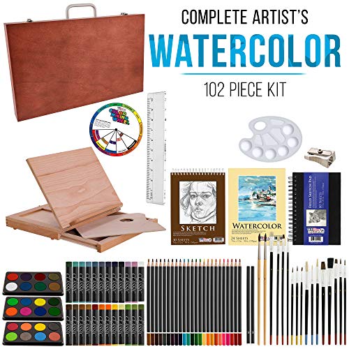 U.s. Art Supply 103-Piece Deluxe Art Creativity Set In Wooden Case With Wood Desk Easel - Artist Painting Pad, 2 Sketch Pads, 24 Watercolor Paint Colors, 17 Brushes, 24 Colored Pencils, Drawing Kit #TOP1